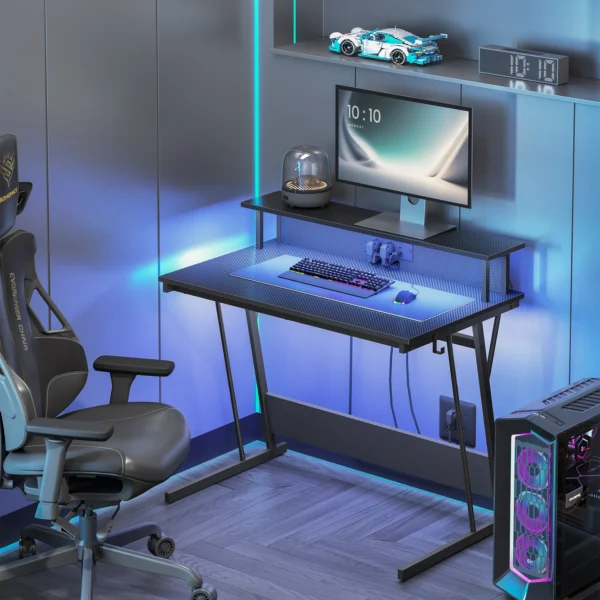 VASAGLE desk, with built-in sockets strip, LED lighting