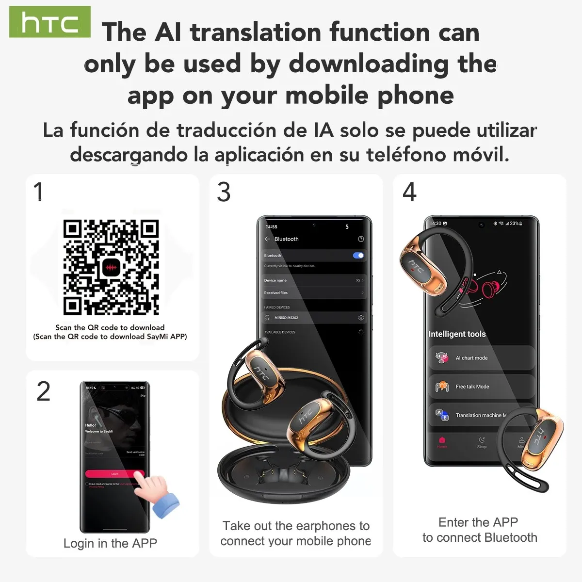 HTC NE35 Wireless Headphones OWS Bluetooth V6.0 Earphones with Mic HD Call Bass Longlife Sports Earhook AI Translator Earbuds - Image 6