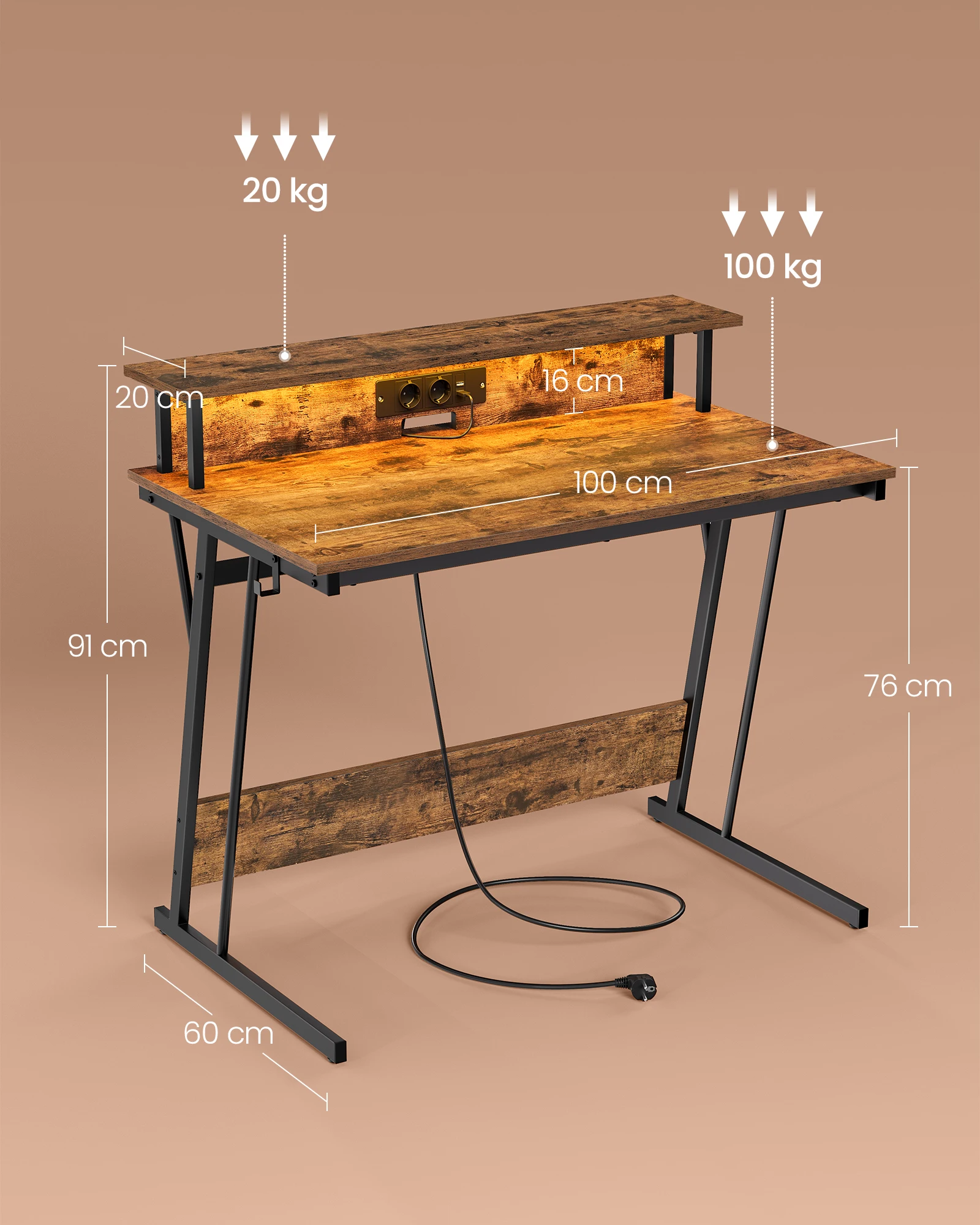 VASAGLE desk, with built-in sockets strip, LED lighting - Image 6