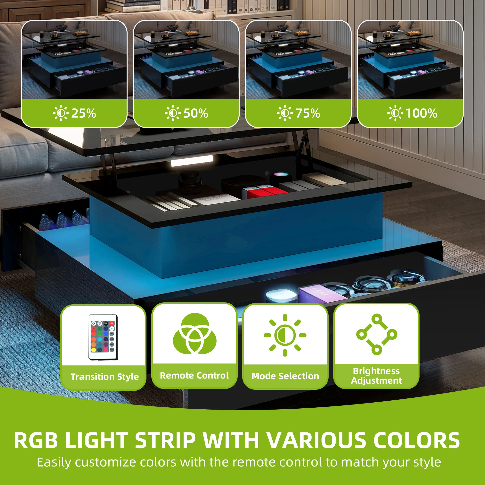 YITAHOME Lift-Top Coffee Table - Rectangular Modern Design with 16-Color LED Lighting & 2 Drawers, Elevated Lighted Surface - Image 6