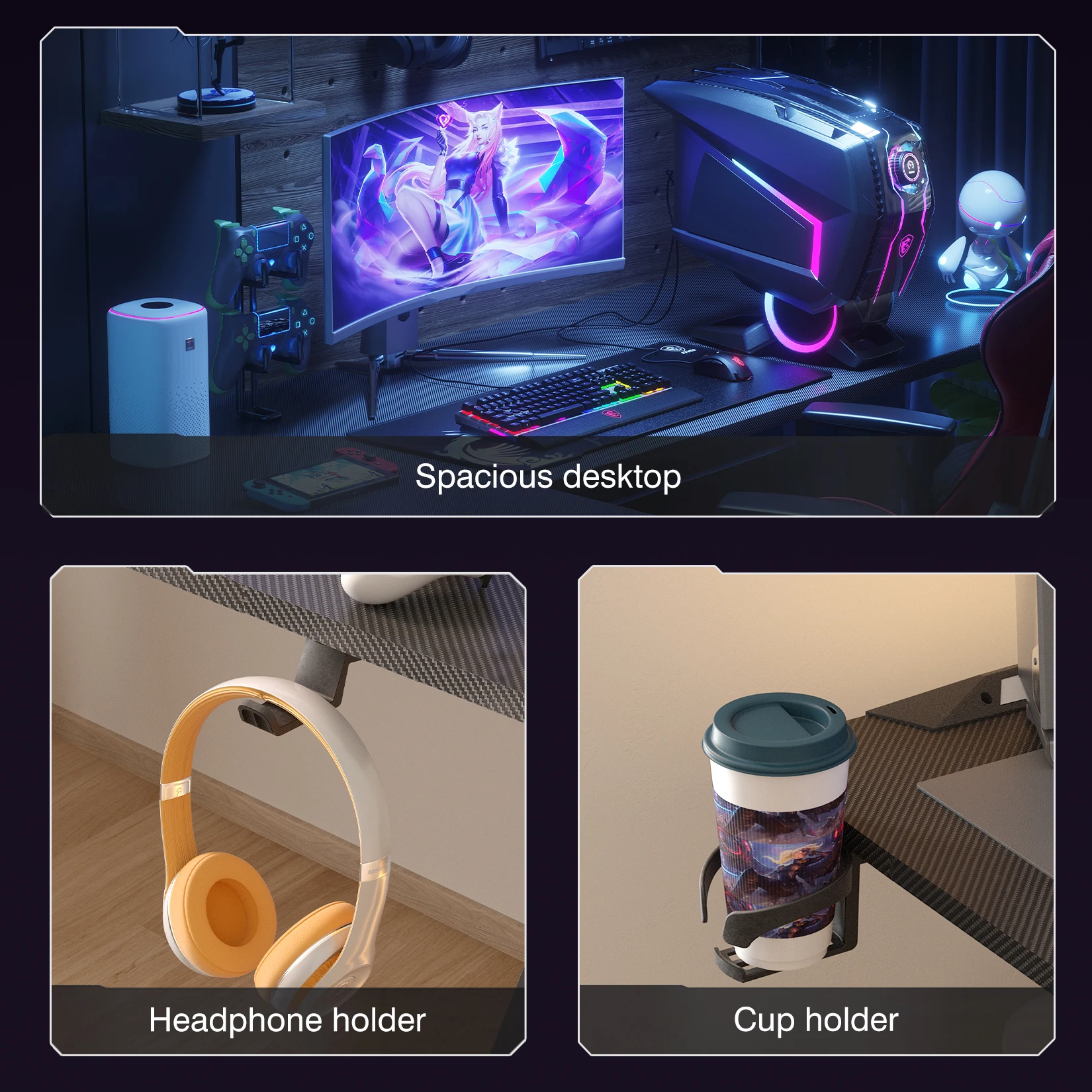 L Shape Computer Gaming Desk RGB Led Lighted Table with Headphone Hook and Cup Holder - Image 4