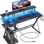 Gaming Tisch mit LED & Steckdosen, 100 cm Computertisch mit Monitorständer & CPU Ständer, Schreibtisch mit 2 Haken & Fußstütze,