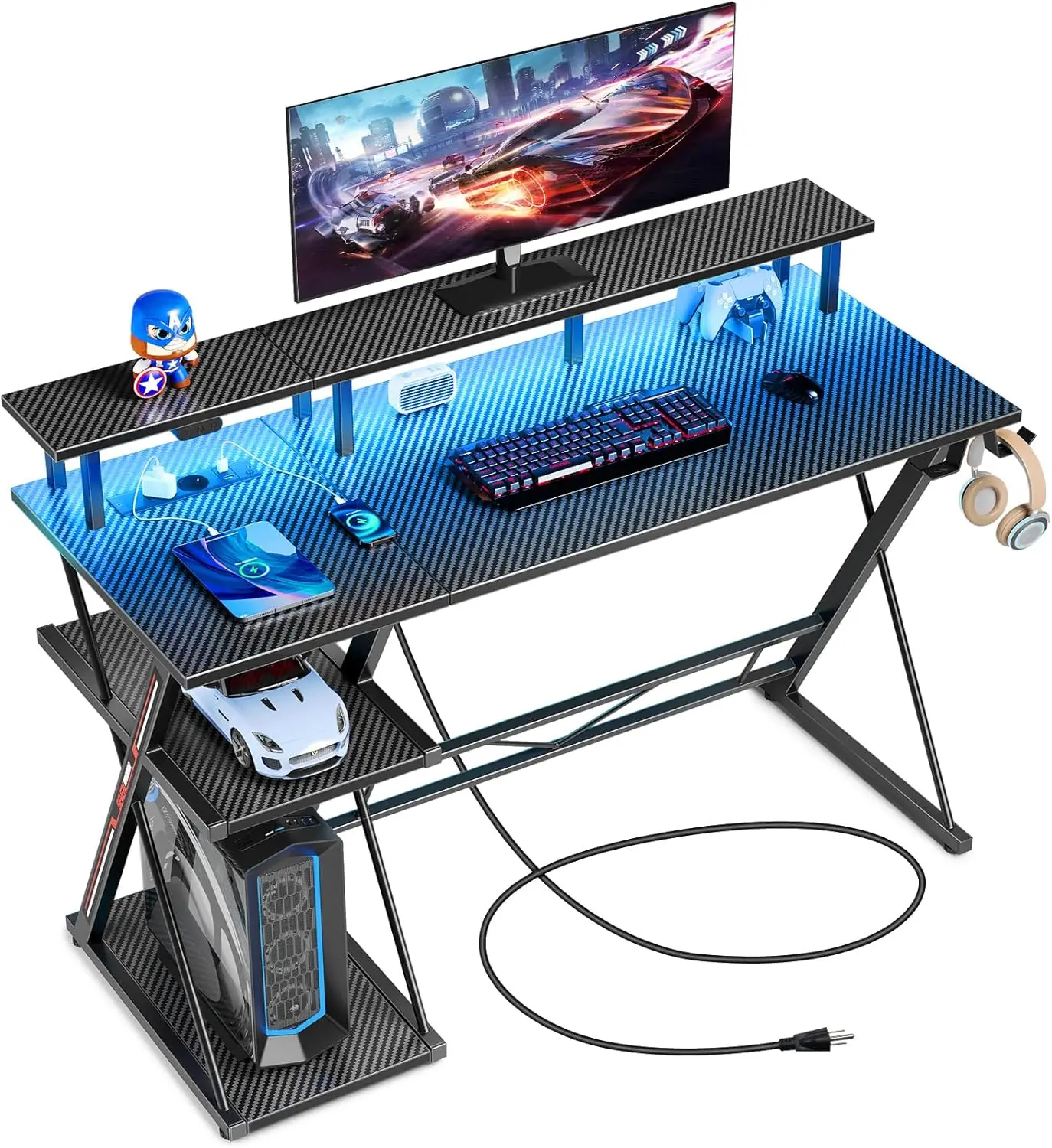 Gaming Tisch mit LED & Steckdosen, 100 cm Computertisch mit Monitorständer & CPU Ständer, Schreibtisch mit 2 Haken & Fußstütze,