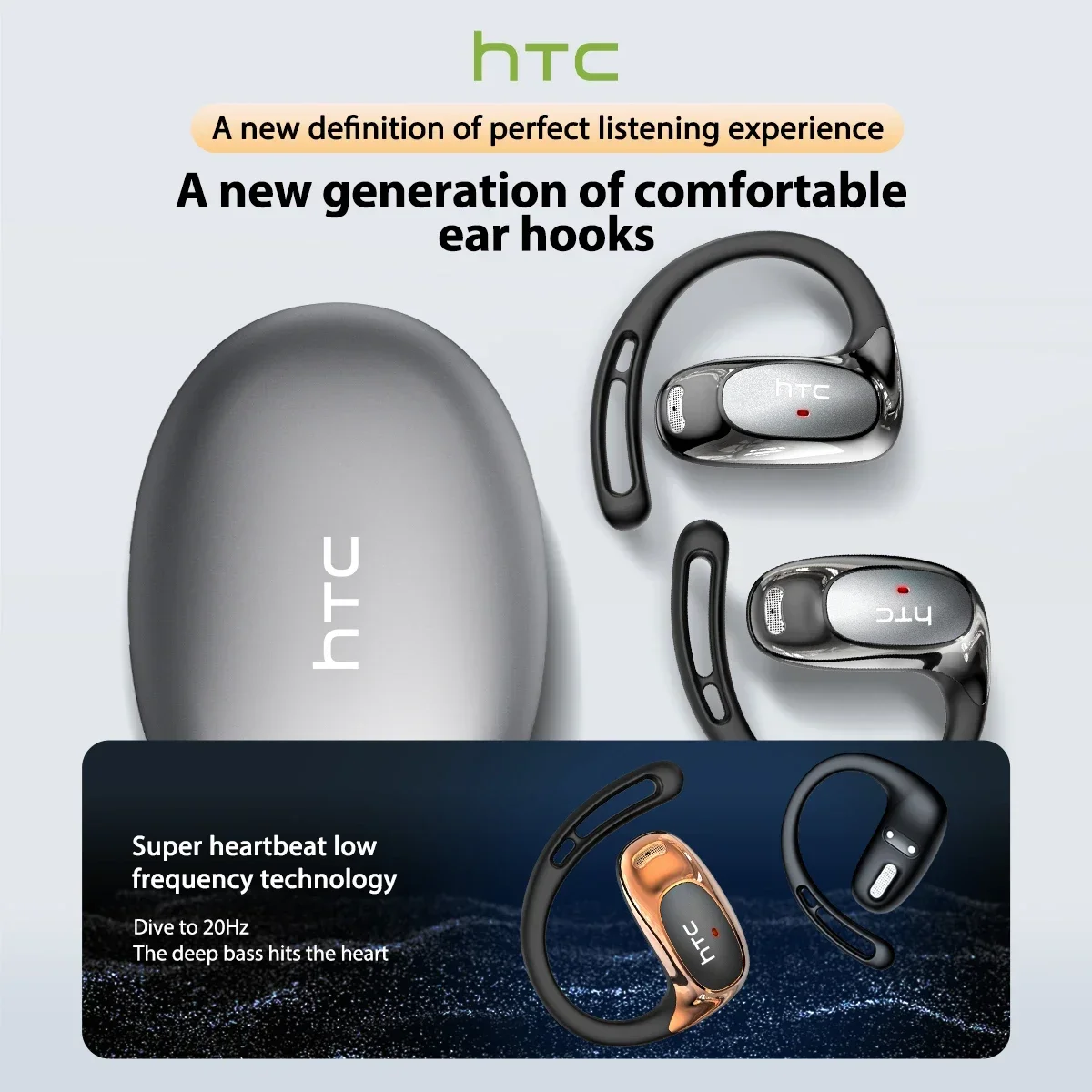 HTC NE35 Wireless Headphones OWS Bluetooth V6.0 Earphones with Mic HD Call Bass Longlife Sports Earhook AI Translator Earbuds - Image 2