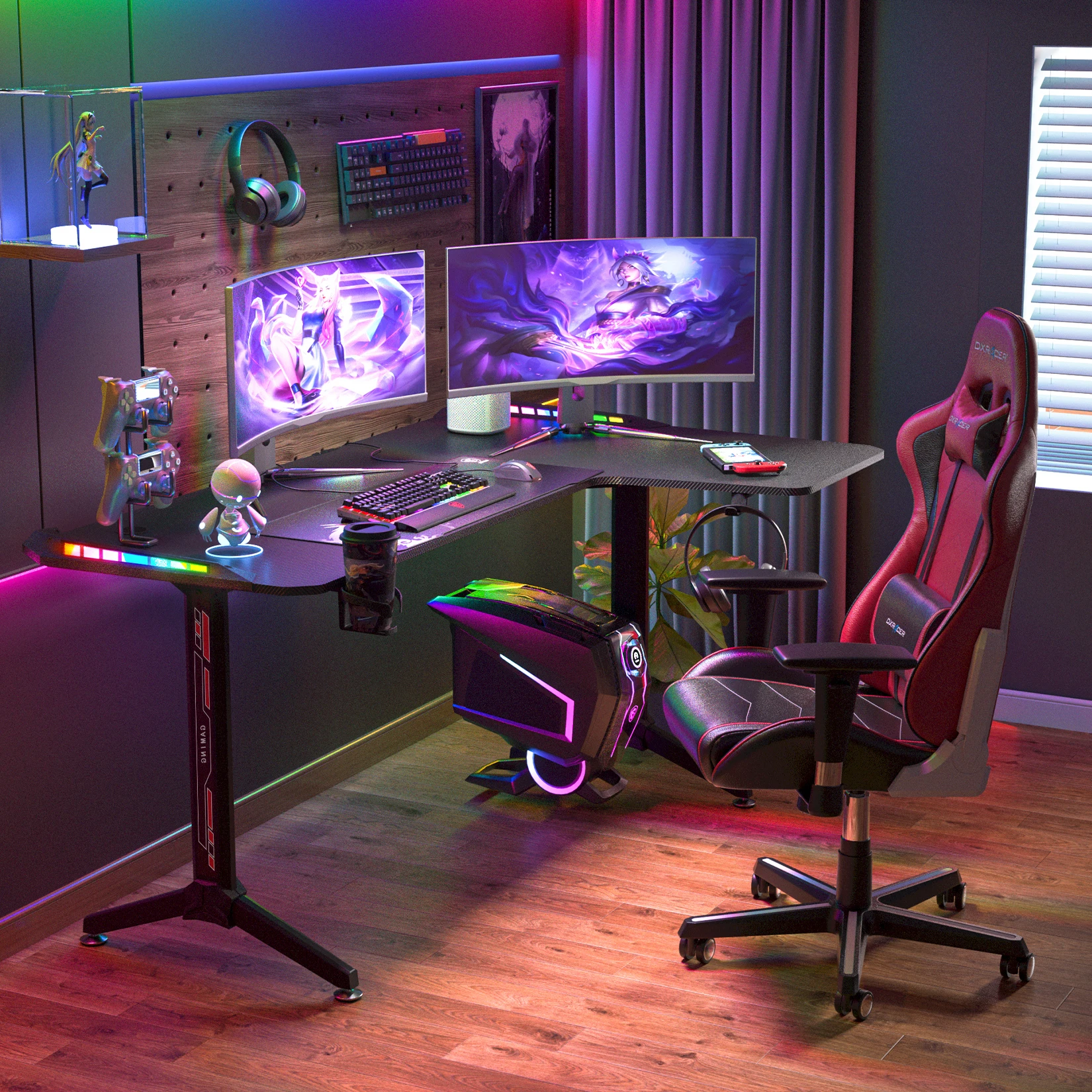 L Shape Computer Gaming Desk RGB Led Lighted Table with Headphone Hook and Cup Holder - Image 5