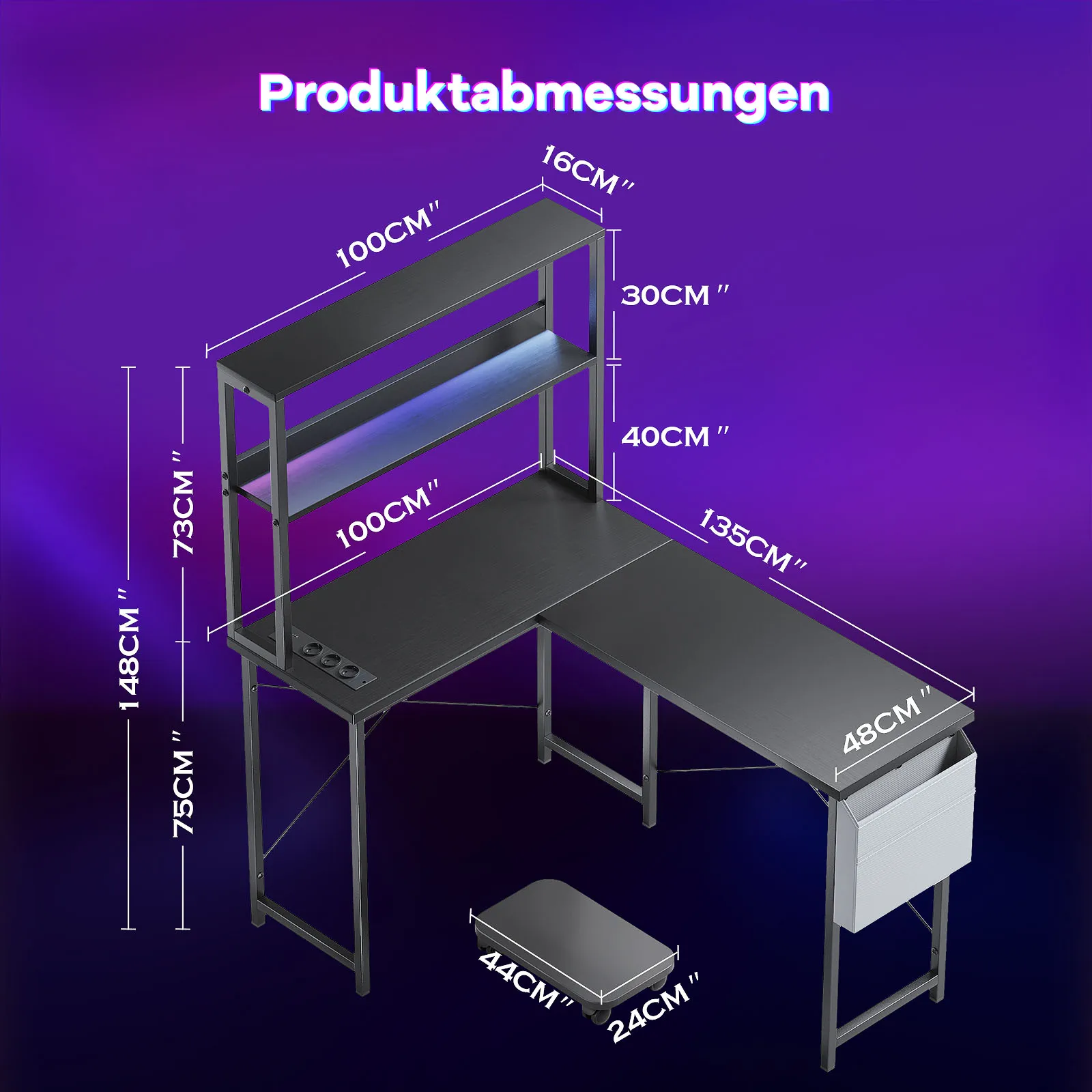 148cm L-shaped Gaming Desk with Shelf & RGB LED Lighting Corner Desk Computer table Integrated socket - Image 6