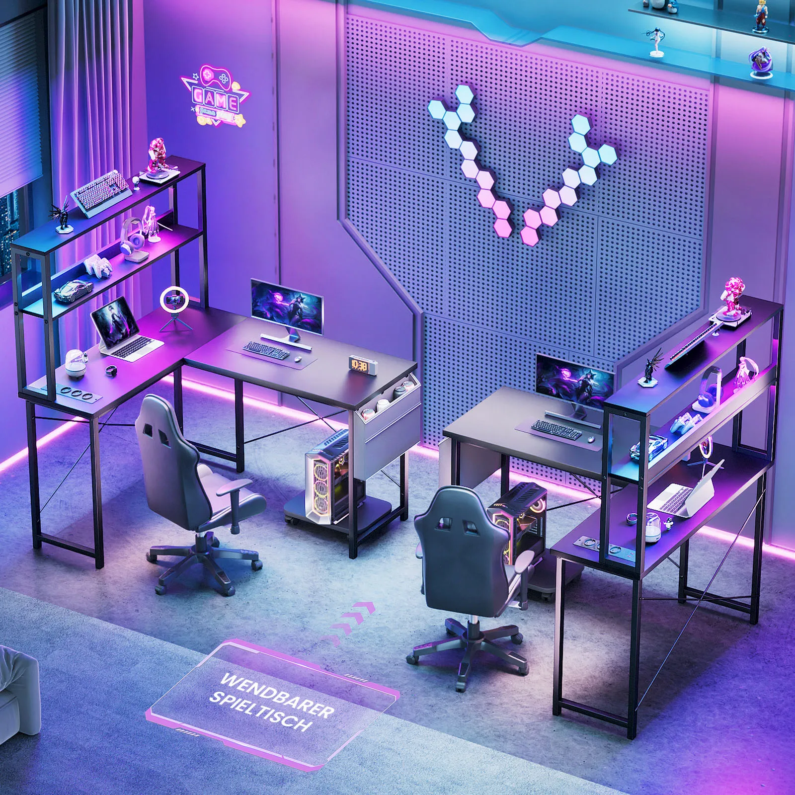 148cm L-shaped Gaming Desk with Shelf & RGB LED Lighting Corner Desk Computer table Integrated socket - Image 2