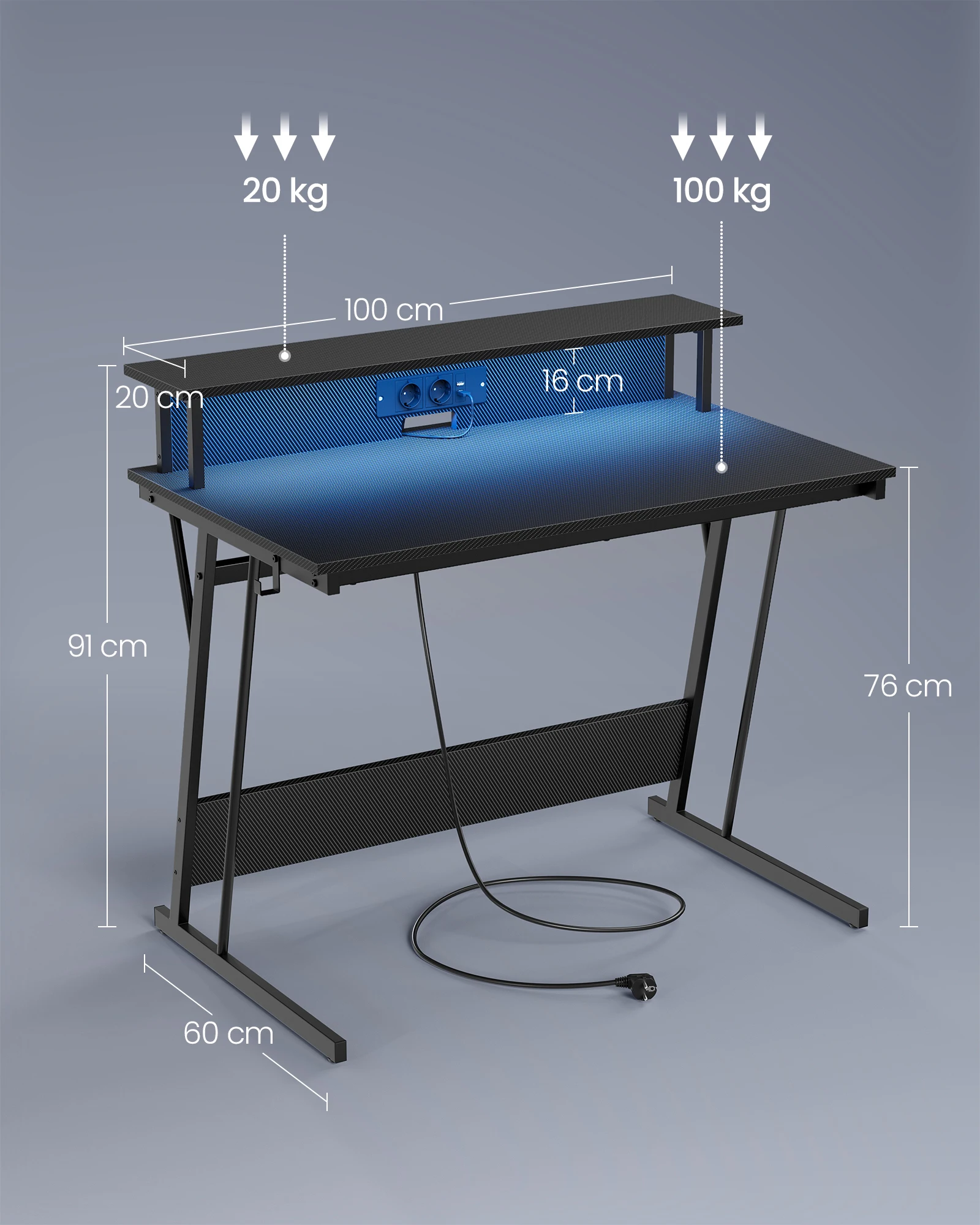 VASAGLE desk, with built-in sockets strip, LED lighting - Image 2