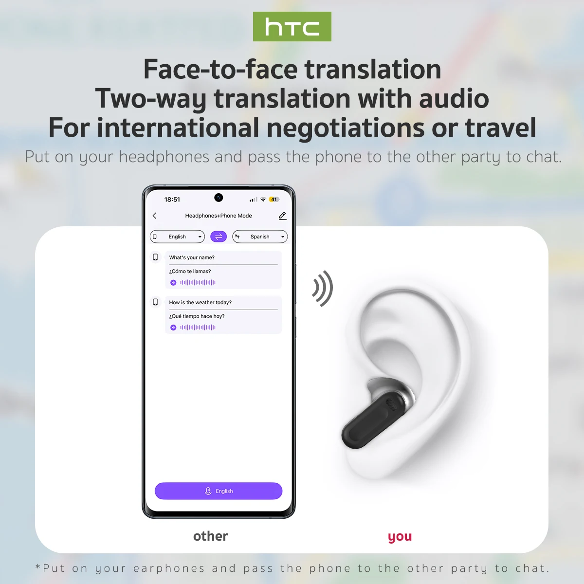 Translator HTC NE20 New Bluetooth 6.0 Wireless Headphones Translation Earphones IPX4 Waterproof Rating Long Battery Life - Image 4