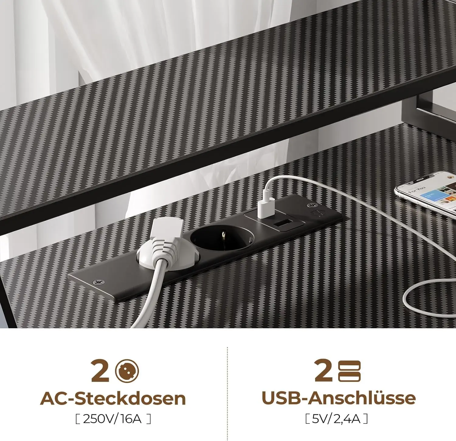 Gaming Tisch mit LED & Steckdosen, 100 cm Computertisch mit Monitorständer & CPU Ständer, Schreibtisch mit 2 Haken & Fußstütze, - Image 5