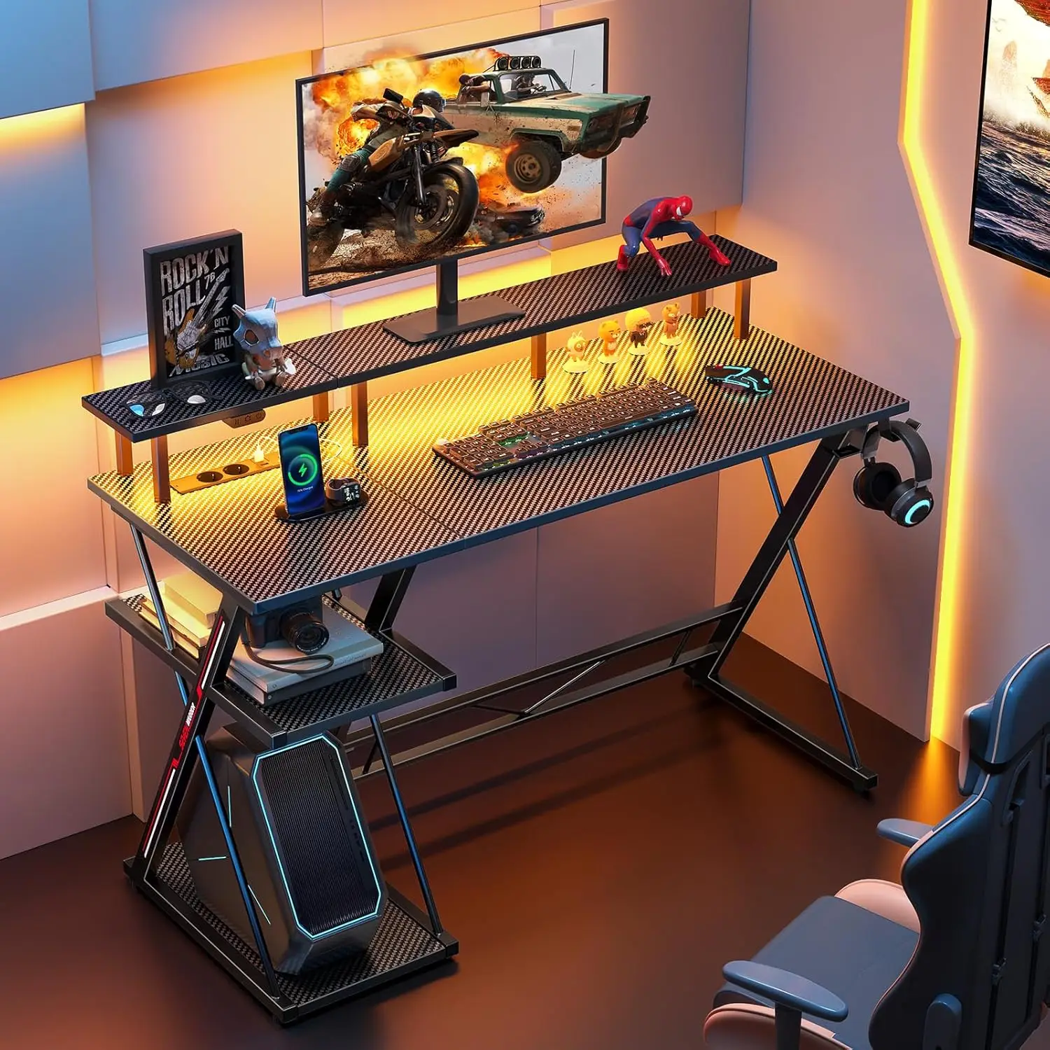 Gaming Tisch mit LED & Steckdosen, 100 cm Computertisch mit Monitorständer & CPU Ständer, Schreibtisch mit 2 Haken & Fußstütze, - Image 2