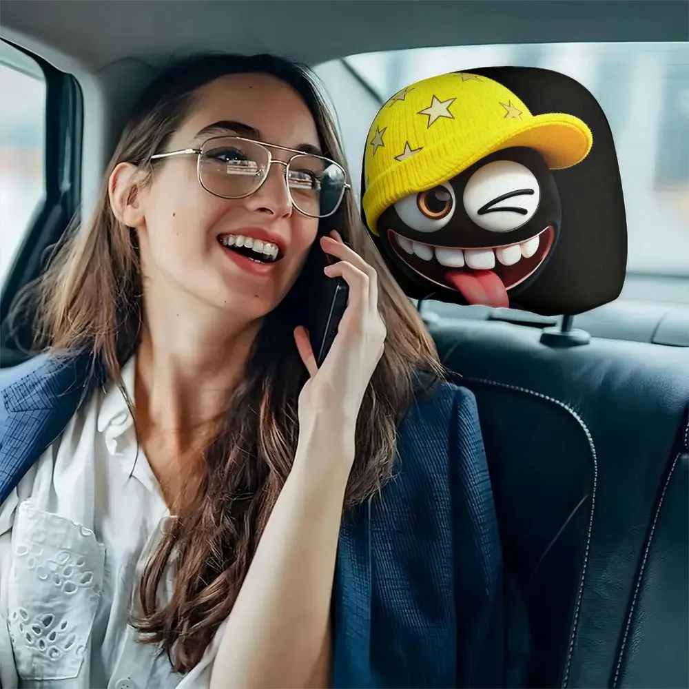 2pcs,a comical expression car headrest cover wearing a yellow star-woven hat, easy to install and clean, suitable for long trips - Image 6