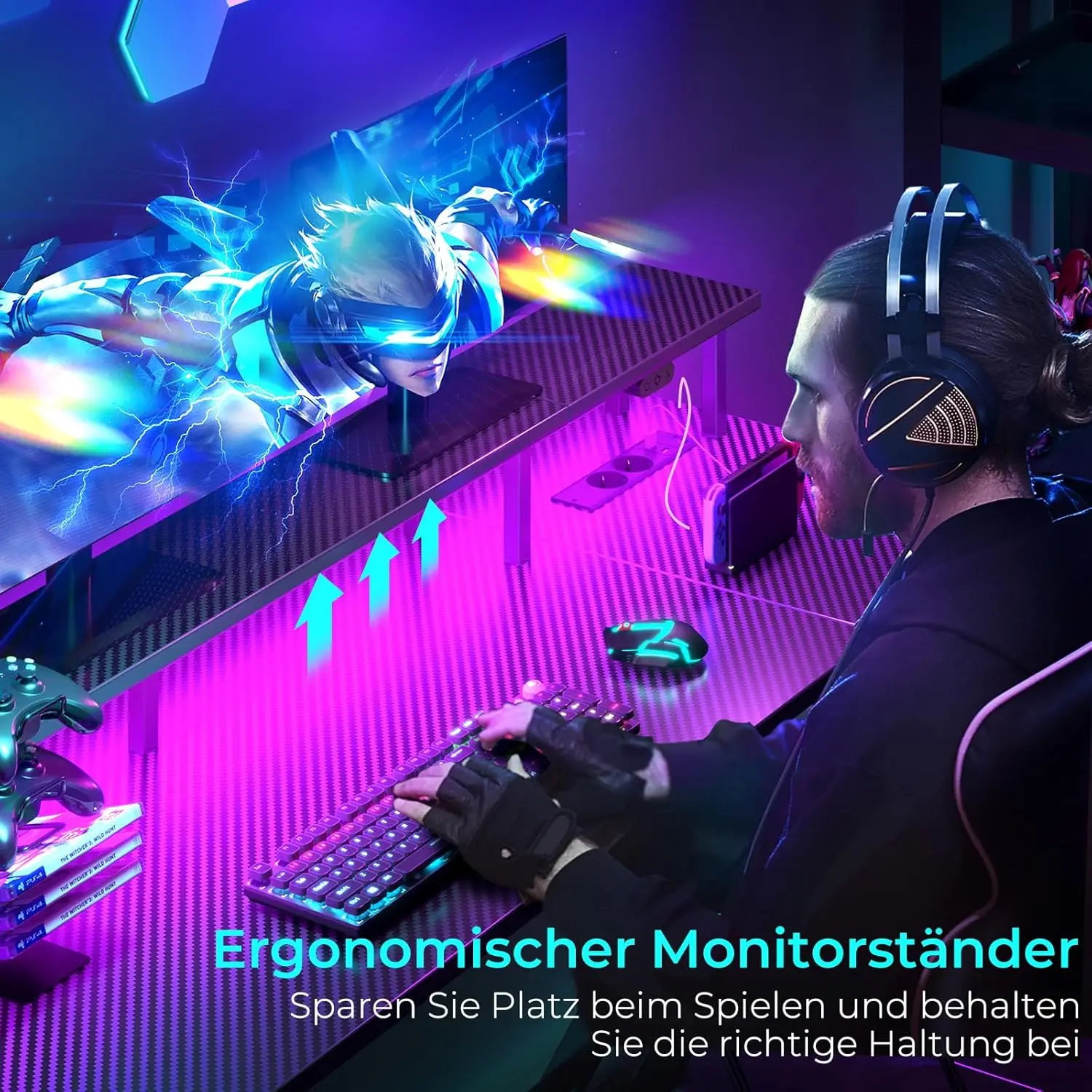 SEVEN WARRIOR Gaming Table With LED & Sockets, 120 Cm Computer Desk With Monitor Stand & CPU Stand, Desk With 2 Hooks & Footrest - Image 6