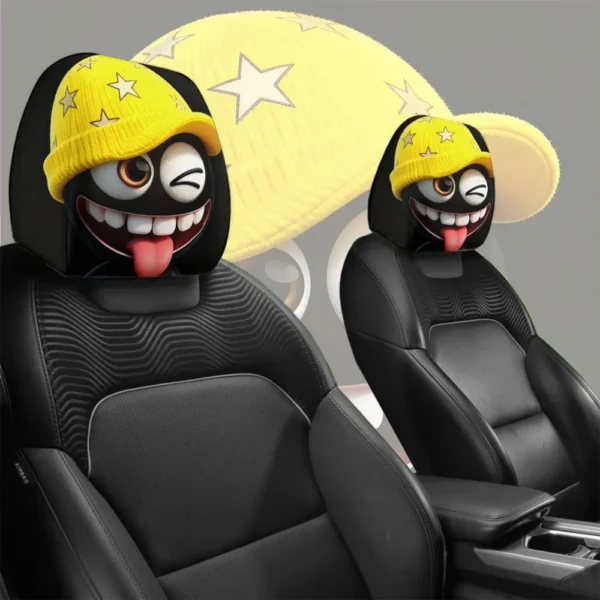 2pcs，a comical expression car headrest cover wearing a yellow star-woven hat, easy to install and clean, suitable for long trips