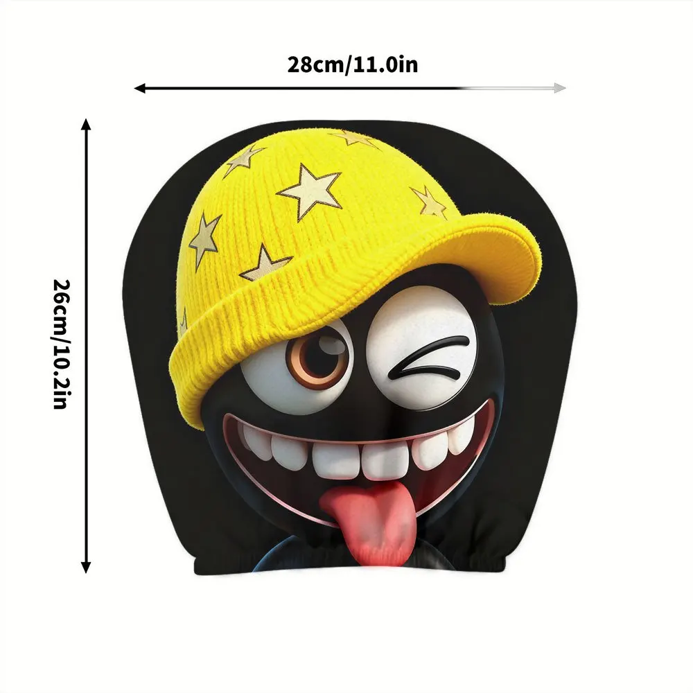 2pcs,a comical expression car headrest cover wearing a yellow star-woven hat, easy to install and clean, suitable for long trips - Image 2
