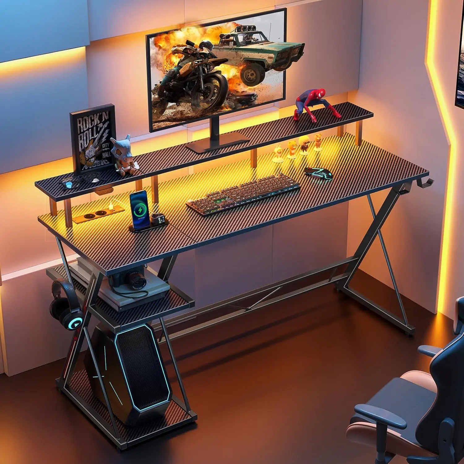 SEVEN WARRIOR Gaming Table With LED & Sockets, 120 Cm Computer Desk With Monitor Stand & CPU Stand, Desk With 2 Hooks & Footrest - Image 2