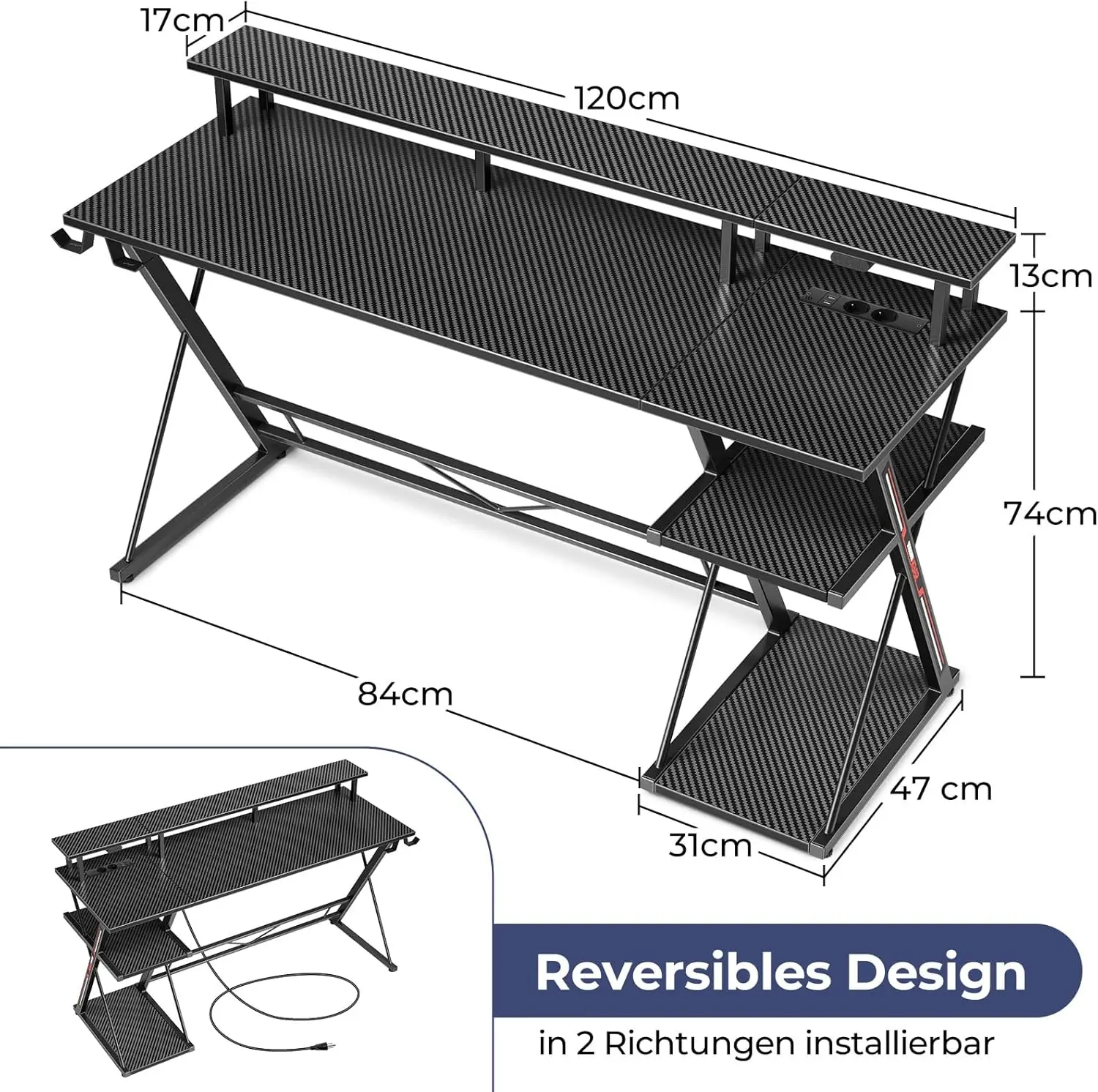 SEVEN WARRIOR Gaming Table With LED & Sockets, 120 Cm Computer Desk With Monitor Stand & CPU Stand, Desk With 2 Hooks & Footrest - Image 3