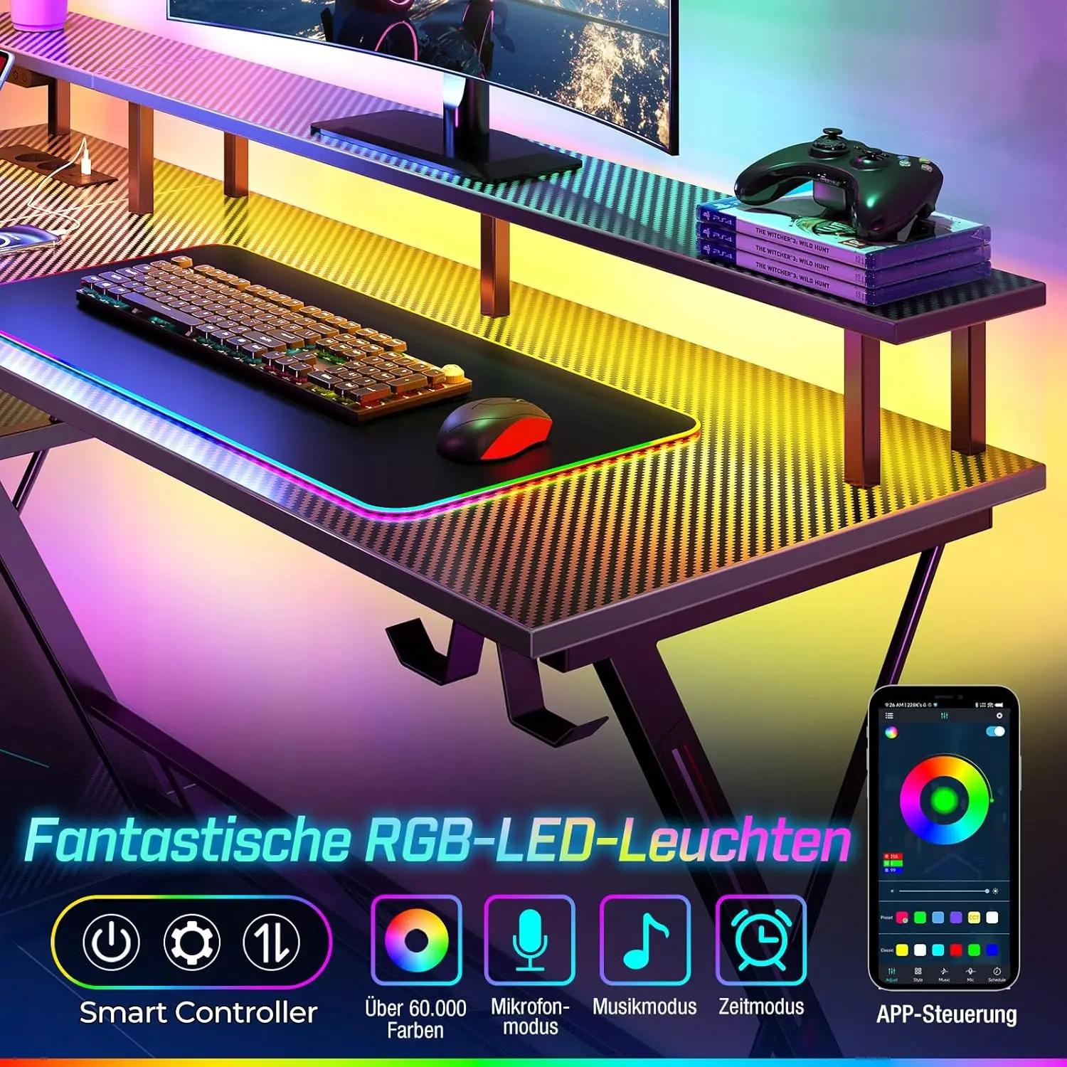 SEVEN WARRIOR Gaming Table With LED & Sockets, 120 Cm Computer Desk With Monitor Stand & CPU Stand, Desk With 2 Hooks & Footrest - Image 4