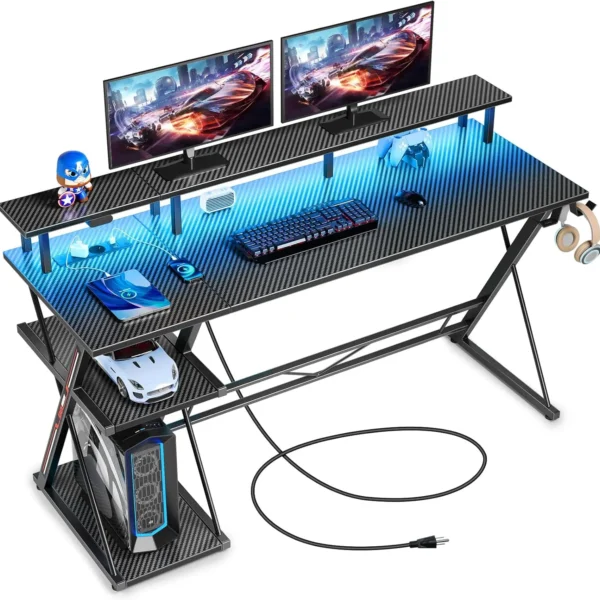 SEVEN WARRIOR Gaming Table With LED & Sockets, 120 Cm Computer Desk With Monitor Stand & CPU Stand, Desk With 2 Hooks & Footrest