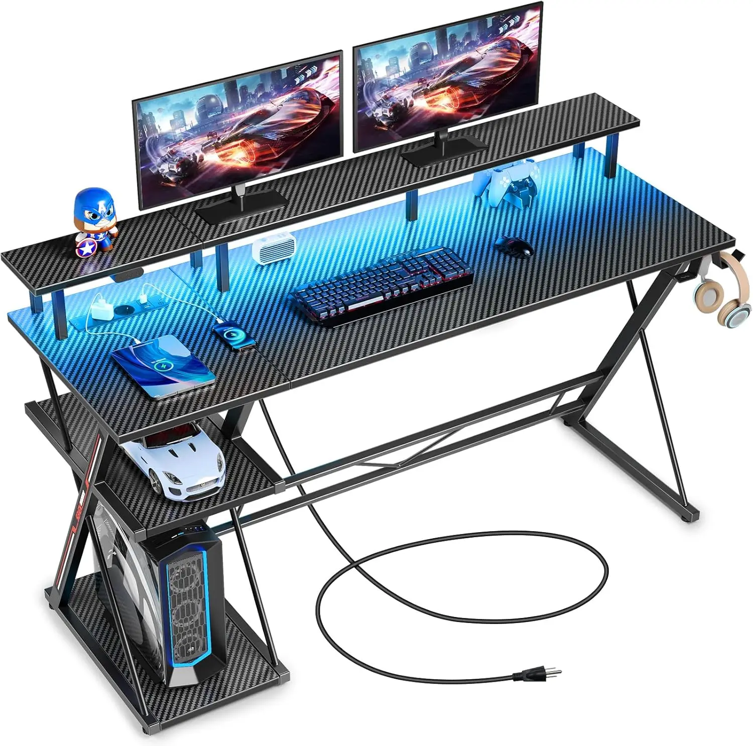 SEVEN WARRIOR Gaming Table With LED & Sockets, 120 Cm Computer Desk With Monitor Stand & CPU Stand, Desk With 2 Hooks & Footrest