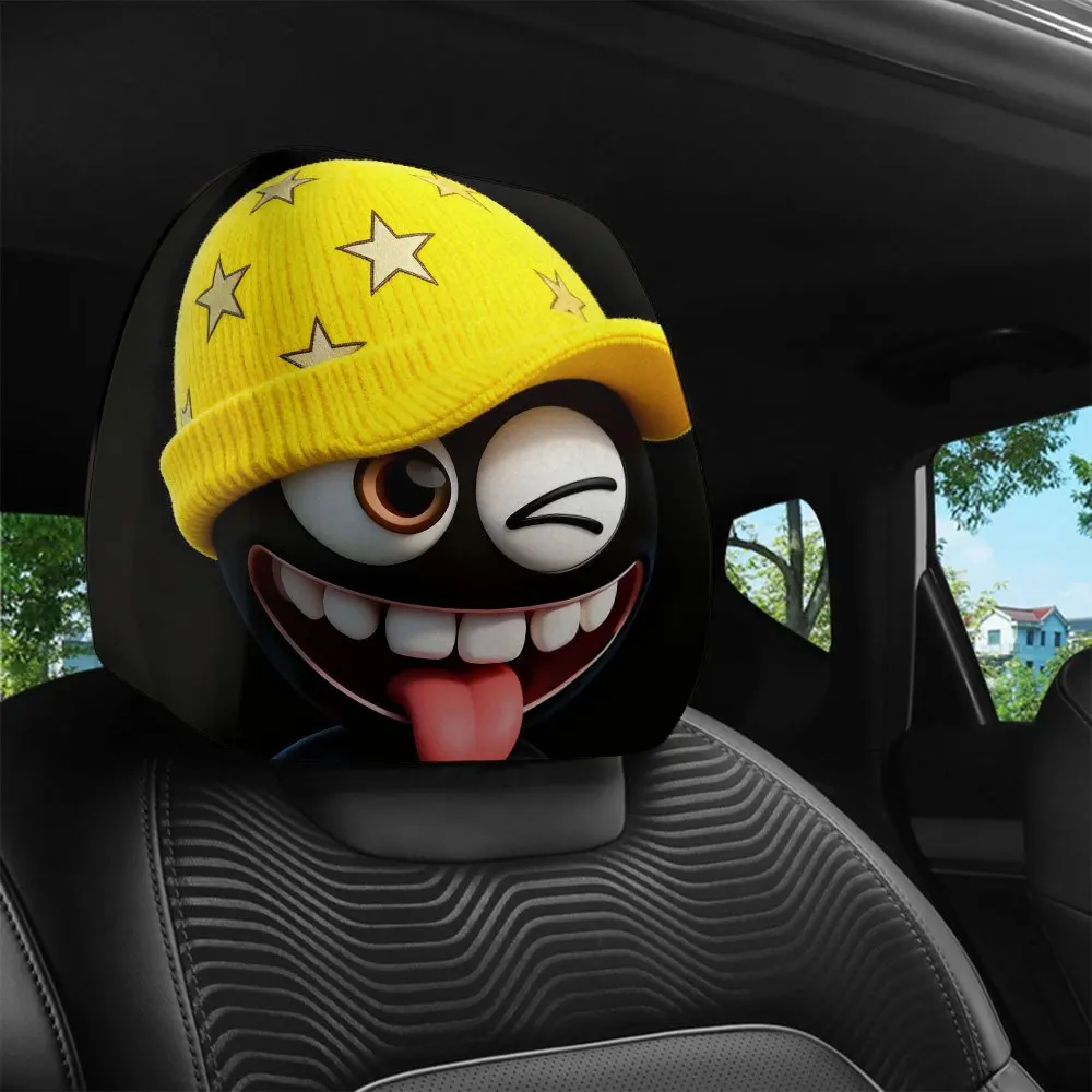 2pcs,a comical expression car headrest cover wearing a yellow star-woven hat, easy to install and clean, suitable for long trips - Image 5