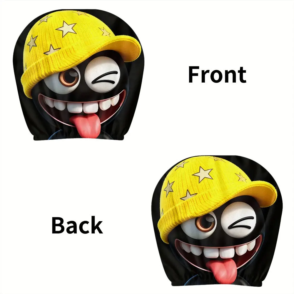 2pcs,a comical expression car headrest cover wearing a yellow star-woven hat, easy to install and clean, suitable for long trips - Image 4