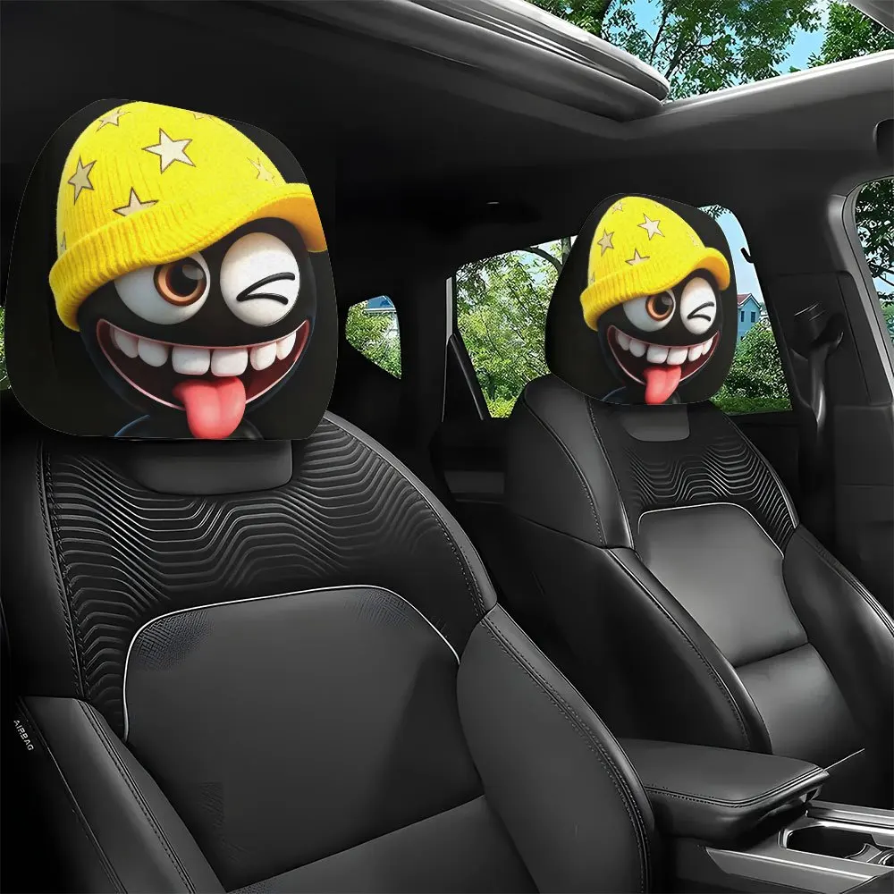 2pcs,a comical expression car headrest cover wearing a yellow star-woven hat, easy to install and clean, suitable for long trips - Image 3