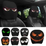 2PCS Funny Slanted Eyes Cartoon Print Car Headrest Cover for Halloween Christmas Holiday Automobile Interior Decoration