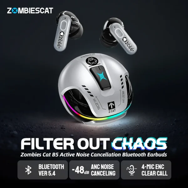 Zombiescat B5 ANC Earbuds Bluetooth 5.4, Headphone with Active Noise Cancellation, ENC HD Call TWS Wireless Earphones with 4 Mic